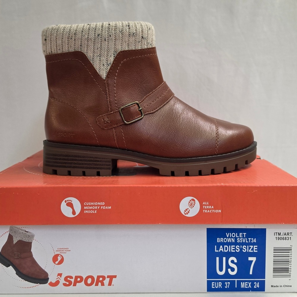 J Sport Violet Womens 7 Brown Ankle Boots Knit Cuff Memory Foam S5VLT34 New